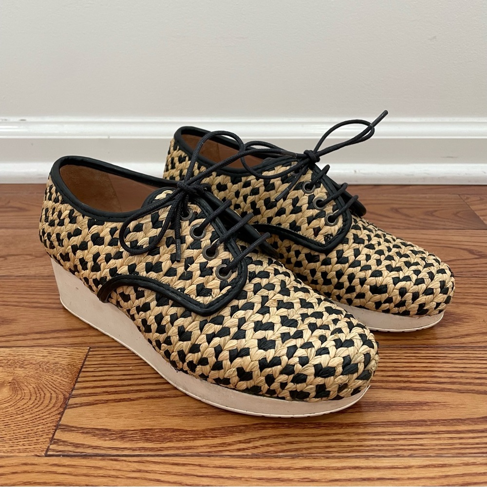Robert Clergerie Raffia Straw Lace-Up Wedge Oxfords